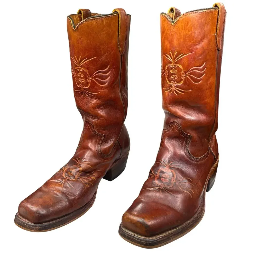 Vintage 70’s Sears Men’s Brown Leather Campus Style Cowboy Boots Size US 8 D